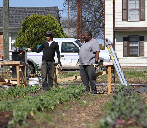Two people standing in a garden.