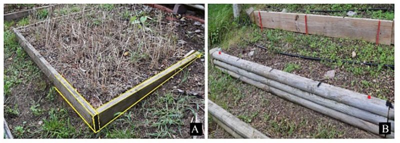 Two pictures, side by side. The first shows a three-sided raised bed with the right corner in the foreground, clearly showing how the side panels are tapered to align with the incline. The second shows terraces formed on a slope using a board, timbers, and rebar. 
