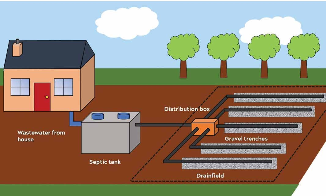 Image of waste system, from house to septic tank to drainfield. Wastewater flows from the house to the septic tank and through a distribution box into five gravel trenches of the drainfield.