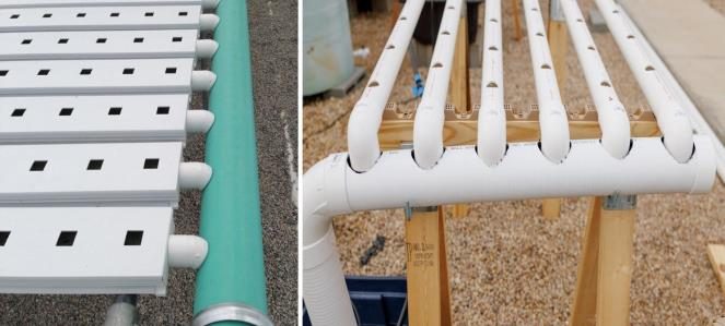  Figure 10. Two photos showing the nutrient collection system. Solution from the plant channels feed into a larger lighter drainage pipe to return the solution to the nutrient reservoir.