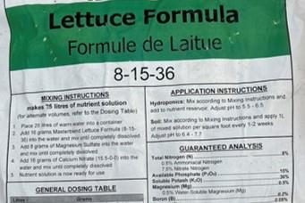 Figure 12.  Lettuce Formula nutrient bag showing an N-P-K of 8-15-36 with mixing, dosing and application instructions. 