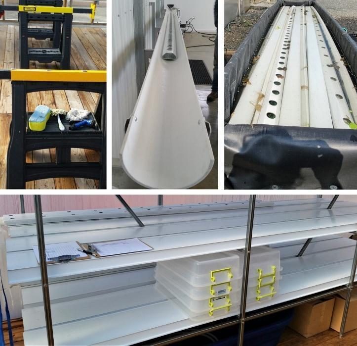 Figure 4. Series of images including: plastics sawhorse used for cleaning growing channels (top left); large PVC pipe that has been cut in half lengthwise for pressure washing growing channels (top middle); large plastic-lined trough with growing channels being soaked in a cleaning solution (top right); and a large metal shelving unit in which cleaned and sanitized growing channels are being stored in between crop rotations (bottom right).