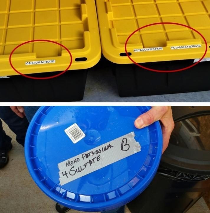 Figure 5. Well labeled plastic bins used as secondary containers for holding nutrients (top) and labeled lid of monopotassium 4 sulfate (bottom).