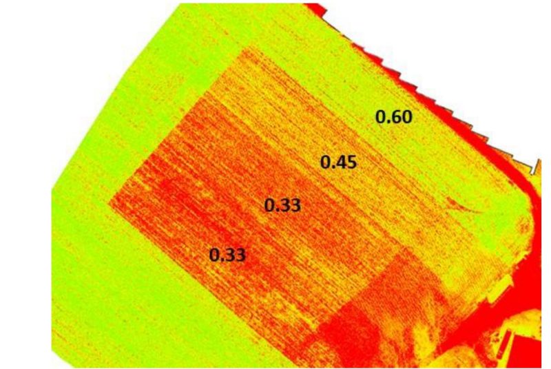 NDVI map generated with multispectral images, has three colors of yellow(0.60), orange(0.45), and red(0.33)