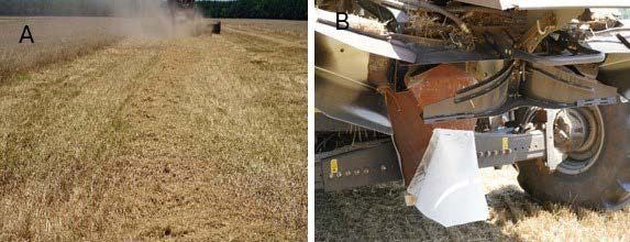 Two photos. Photo A shows wheat seeds and chaff onthe ground after harvest. Photo B shows a chaff liner attached to the harvester.