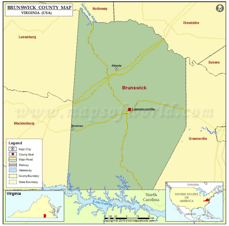 Map of Brunswick County, Virginia.