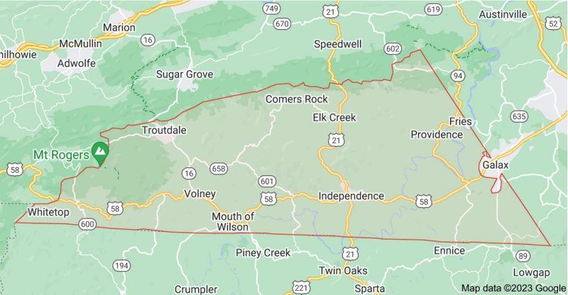 Grayson County's boarders are highlighted on a map. The map shows important towns and major roads through the county such as Independence, Fries, Mouth of Wilson and Whitetop.