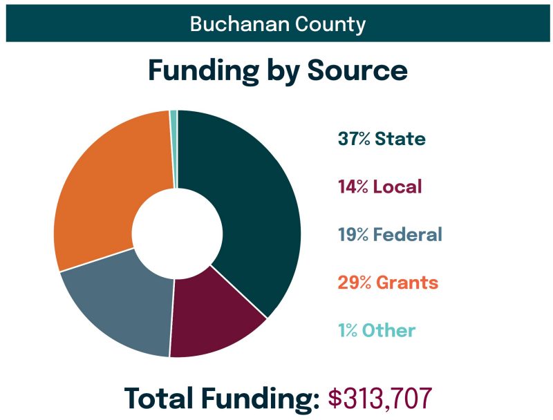 Buchanan County - Funding by Source: 37% State, 14% Local, 19% Federal, 29% Grants, 1% Other. Total Funding: $313,707.